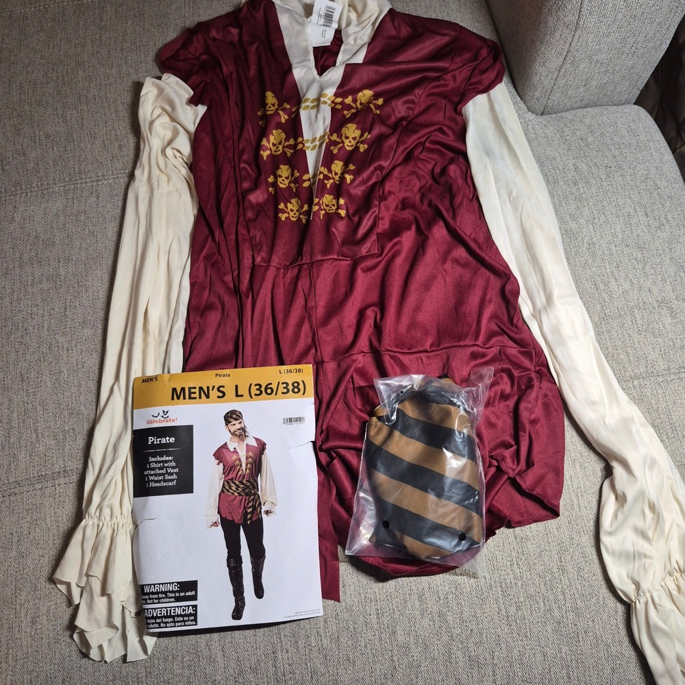 Way to Celebrate Pirate Costume Mens Large 36-38 Maroon Shirt Sash Headscarf Set